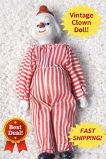 Vintage Collectible Clown Doll with Red Stripeand Hat Ceramic Face, Hands  Feet