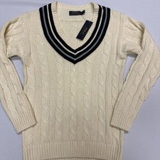 Polo Ralph Lauren Sweater Cable Knit Womens Small V-Neck Cream Navy New NWT     