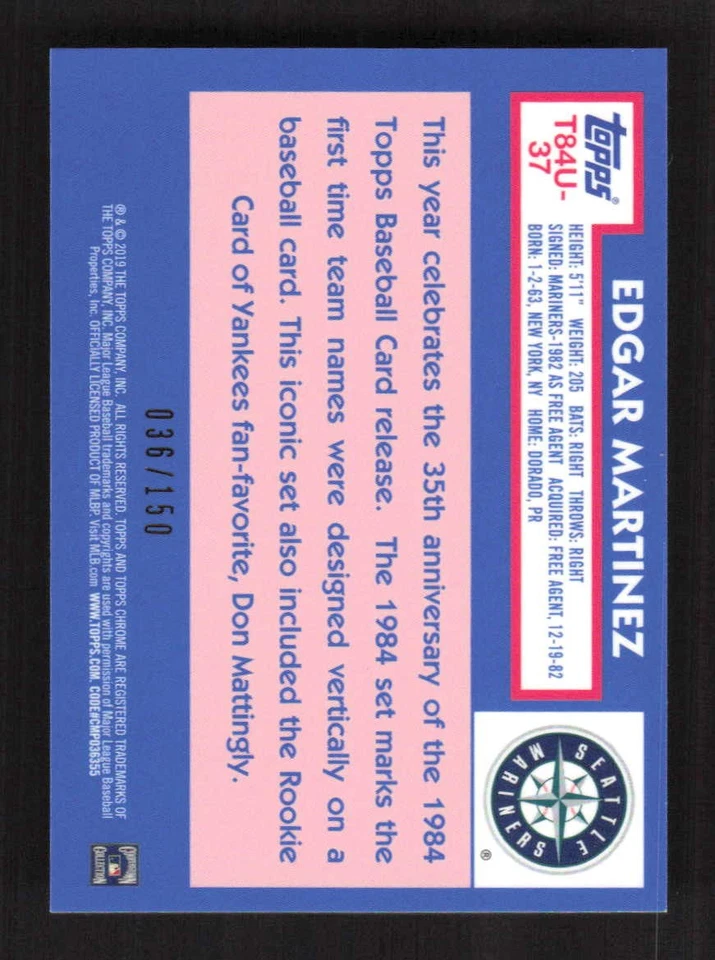 Edgar Martinez 2019 Topps Update Silver Pack 1984 Chrome Blue #/150 #T84U-37 - Image 2 of 3