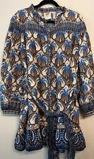 Farm Rio Cocopalm Mini Dress Blue Brown Tan Palm Ruffle Island Large