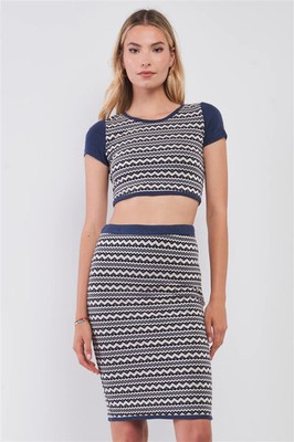 Women's Navy & White Short Sleeve Crop Top & Pencil Skirt Two Piece Set