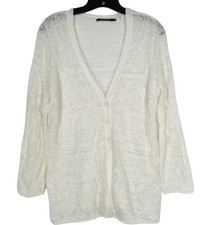NIC ZOE Thin LINEN BLEND Button-Up SCALLOPED NECKLINE Knit Cardigan Sweater L