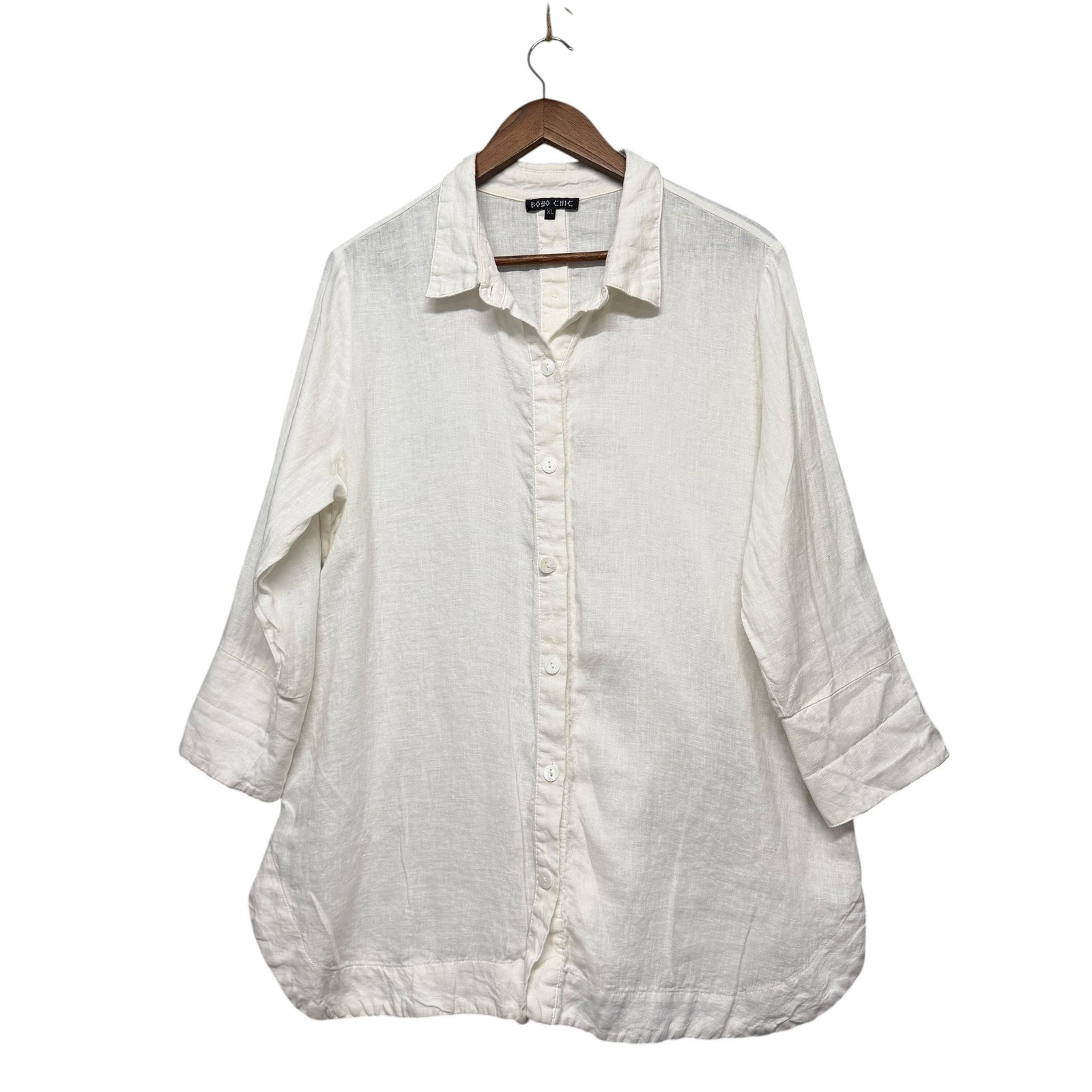 Boho Chic Linen Tunic Women XL White 3/4 Sleeve Relaxed Top Lagenlook Minimalist