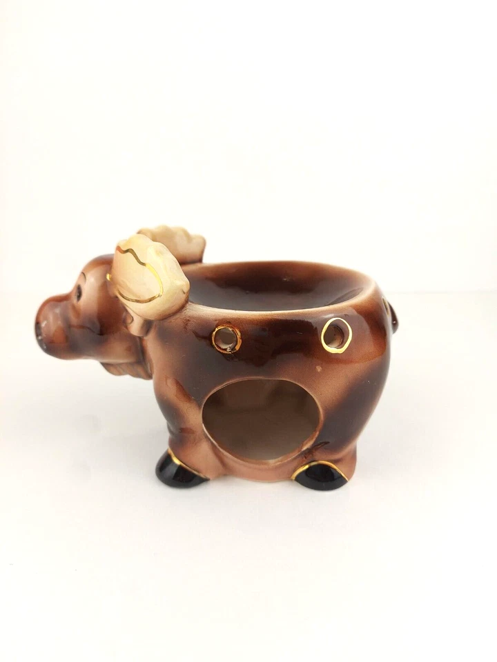 Calentador de velas de cera de luz de té de cerámica esmalte animal alce marrón raro de colección Foto 2 de 4