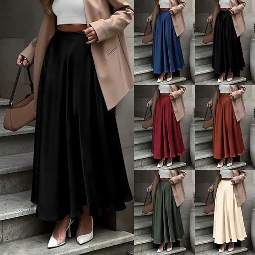 Women High Waist Long Pleated Skirts Ladies Party Swing Skater Long Dress Skirt