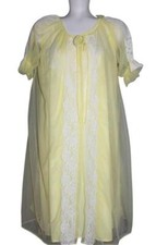 2-Pc VTG Yellow Chiffon Lace Trim Puffy Sleeves Robe  Gown Peignoir Wm's Set M