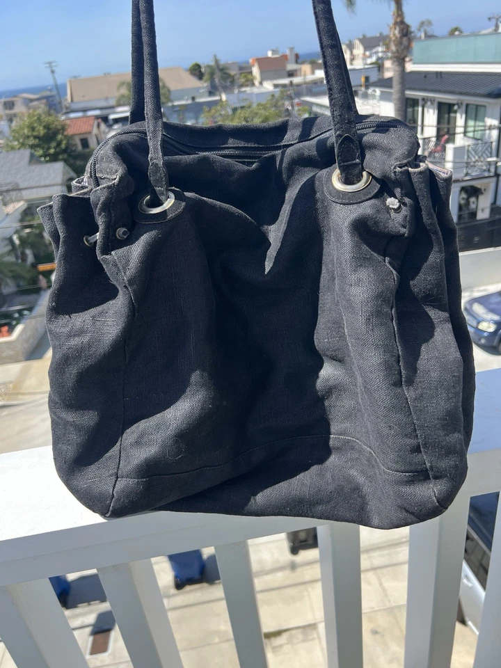 White Elephant Florence Italy linen canvas black fringe beaded tote aztec hippie - Image 2 of 4