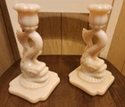 VINTAGE CAMBRIDGE PINK TUSCANY MILK GLASS  DOLPHIN KOI FISH CANDLEHOLDERS 8in
