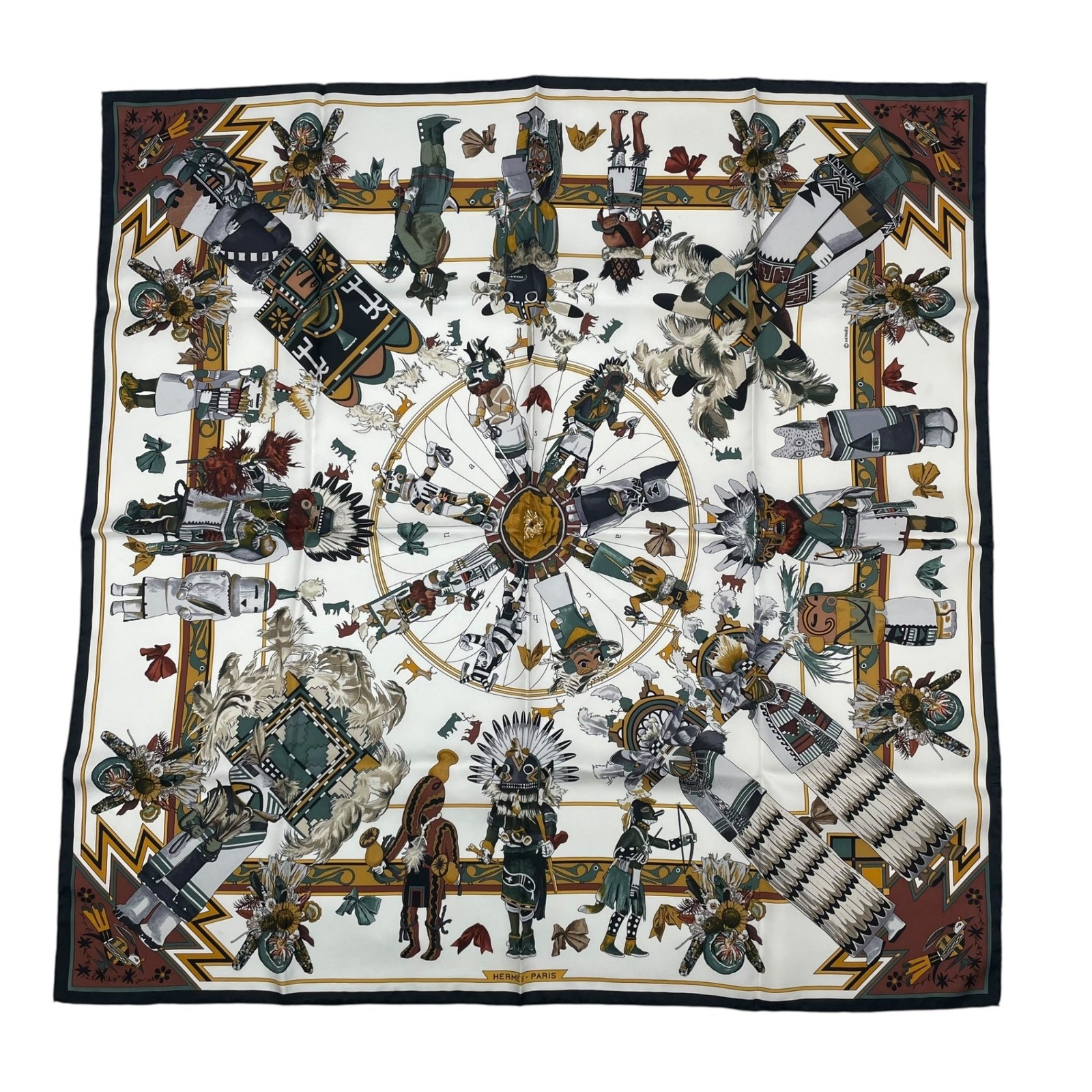 Excellent HERMES Carré 90 Silk Scarf “Kachinas”White – With Box image 2