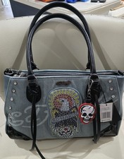 ED HARDY Tote Blue Denim Skull Eagle Rhinestone Shoulder Bag NWT Tattoo Inspired
