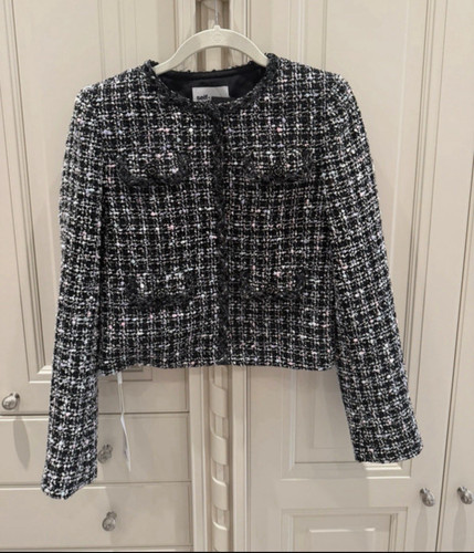 Self-Portrait Black Bouclé Tweed Cropped Jacket Embellished Buttons US 2 UK 6 NW