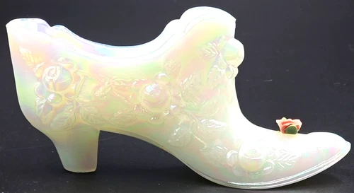 Fenton White Milk Glass Shoe Slipper Boot Ornate Roses Iridescent Vintage Signed