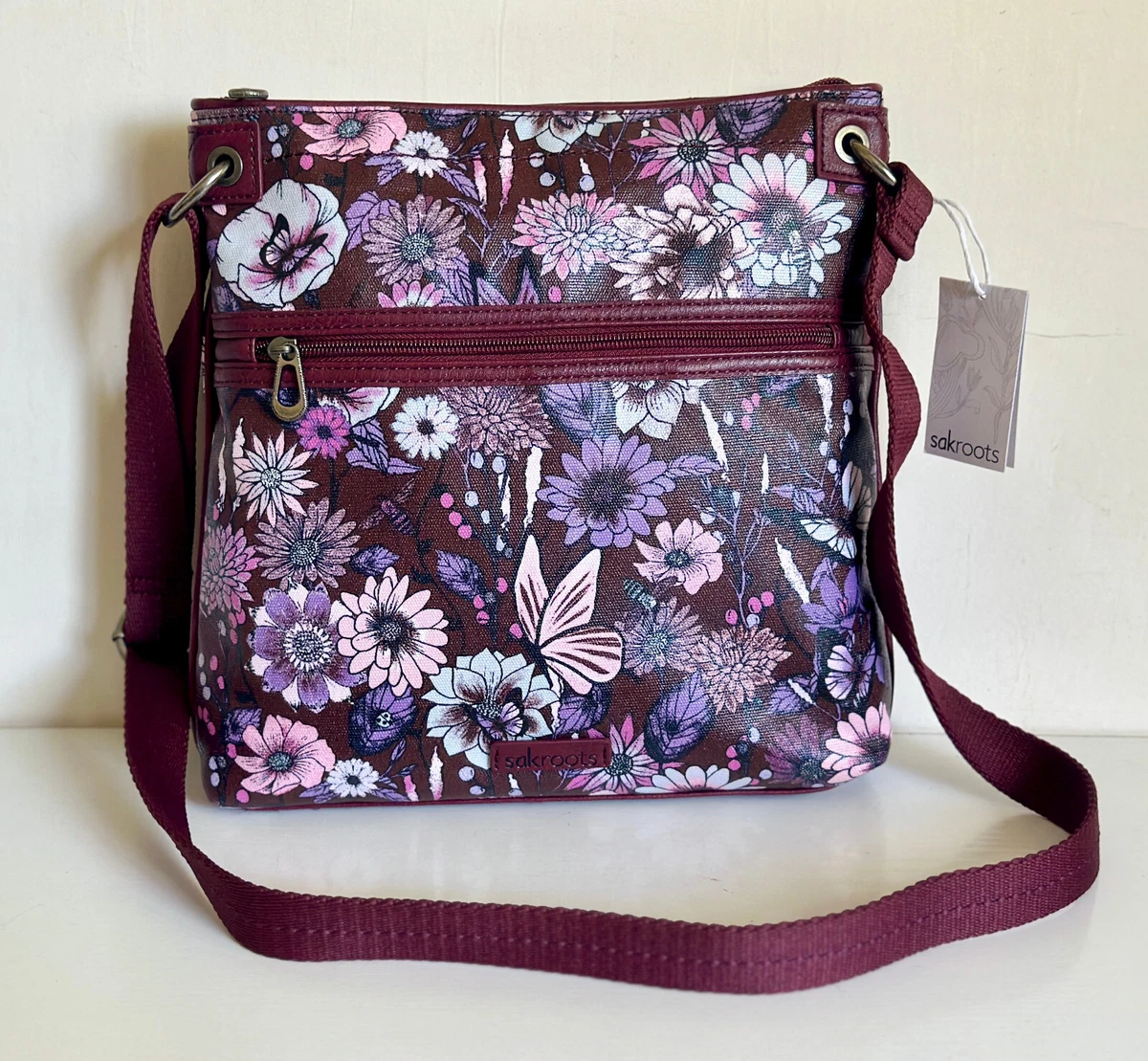 SAKROOTS ARTIST CIRCLE CABERNET IN BLOOM PRINTED CROSSBODY MESSENGER SLING BAG