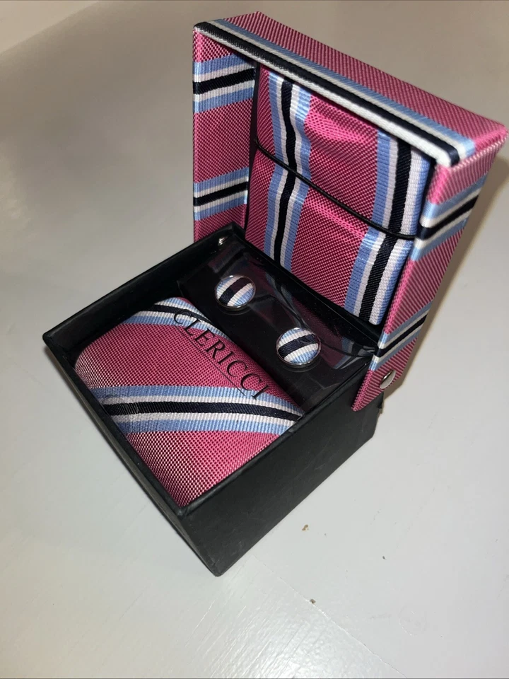 Juego de corbatas Repp rosa y azul con gemelos a juego y rayas cuadradas de bolsillo Foto 3 de 4