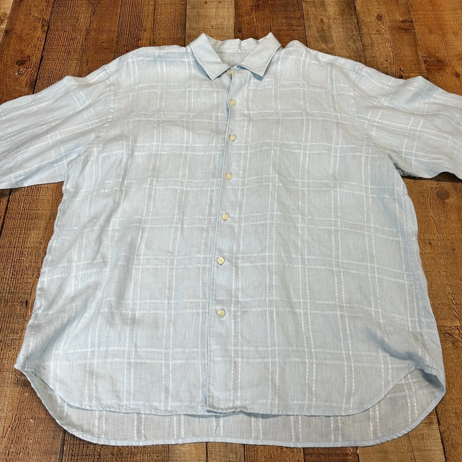 Tommy Bahama 100% Linen Light Blue Button Up Logo Summer Long Sleeve Size XXL