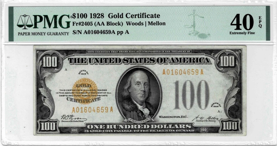 1928 年 100 美元黄金证书--fr. 2405--PMG 非常精细 40 EPQ