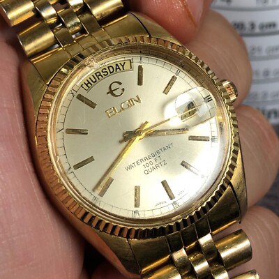 Elgin Men FC 400 Full Day/Date Presidential Gold Tone Fluted Elgin Men FC 400 Full Day/Date Presidential Gold Tone Fluted