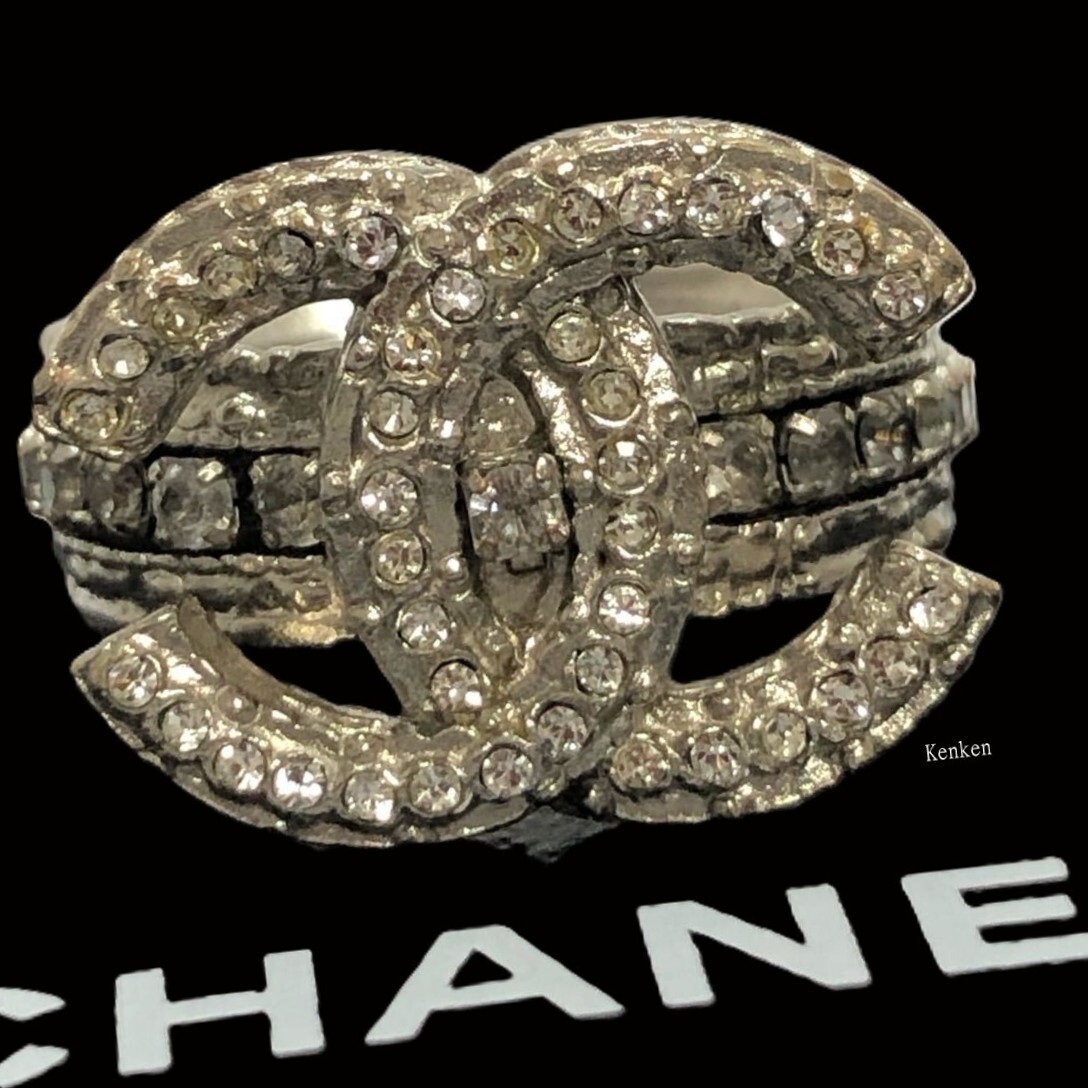 お洒落♡レア【CHANEL】限定リング Cocoマーク 指輪 CHANEL Ring AUTH Vintage Rare CC Silver Rhinestone COCO Mark