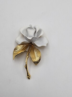 CERRITO ヴィンテージ ブローチ Vintage Cerrito White Enamel Rose Flower Gold Tone Brooch