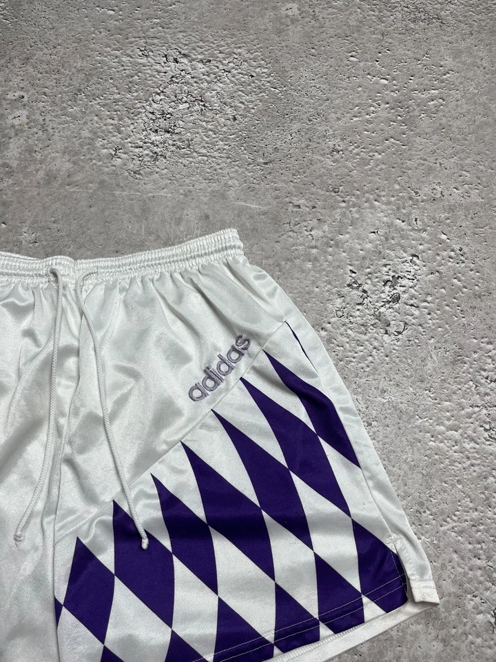 Adidas Vintage White Shiny Polyester Shorts with Purple Diamond Graphic - Image 4 of 4