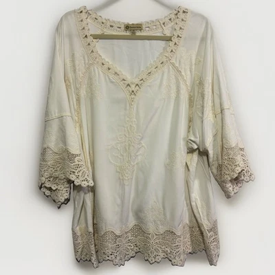 Democracy Cream Flowy Lace Embroidered Blouse 2X NWT Boho Whimsy Romantic New - Image 1 of 4