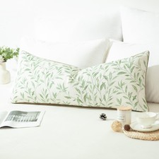 Green Decorative Lumbar Throw Pillow Cover 14x36, Farmhouse Leaves Printing L...
