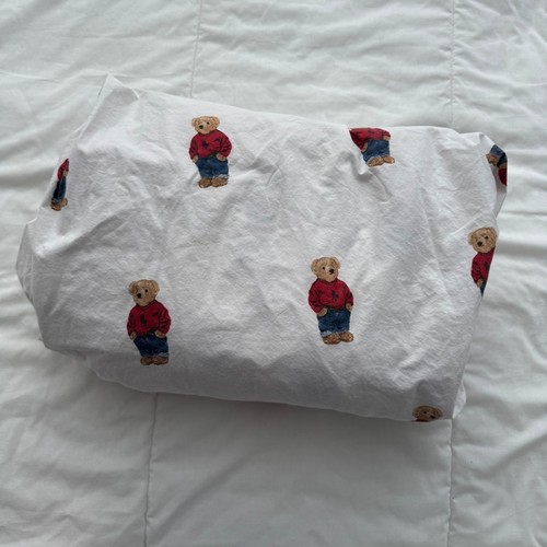 Polo Ralph Lauren White King Size Fitted Sheet Teddy Bear Print Red Sweater