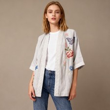 NWOT Johnny Was Nicolette LINEN KIMONO Embroidered Floral Butterfly Coat Sz L