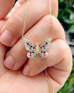 Authentic Moissanite 1.70Ct Round Cut Butterfly Pendant 14K Yellow Gold Plated Free Chain