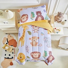 4 Piece Toddler Bedding Set- Cartoon Zoo Theme Animals Purple Design, Microfi...