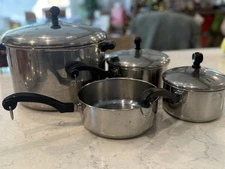Vintage FARBERWARE Aluminum Clad STAINLESS STEEL Pots Pans - Set of 4 (3 lids)