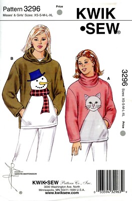 Kwik Sew 3296 Cat & Snowman Applique Sweatshirts Misses' & Kids Sz XS-XL UNCUT