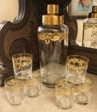 Vintage Crystal Cocktail Martini Shaker Set, Hand Painted with Gold Detailing