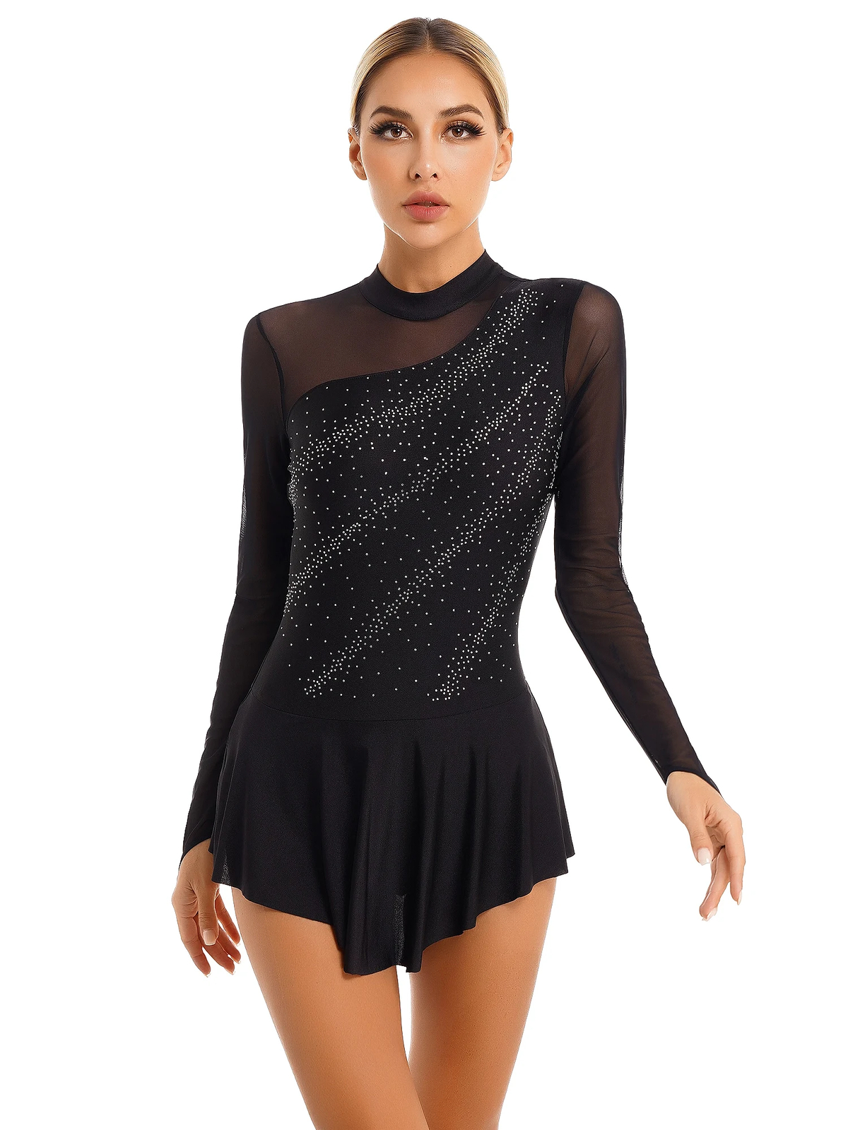 Vestido de ballet para mujer mangas largas brillo estrás ropa de baile malla retazos