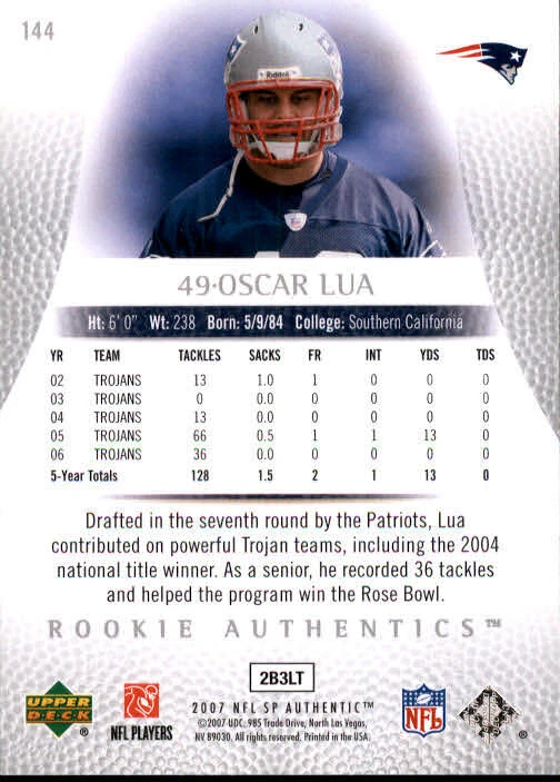 B0364- 2007 SP Authentic #144 Oscar Lua RC /1399 - NM-MT - Image 2 of 2