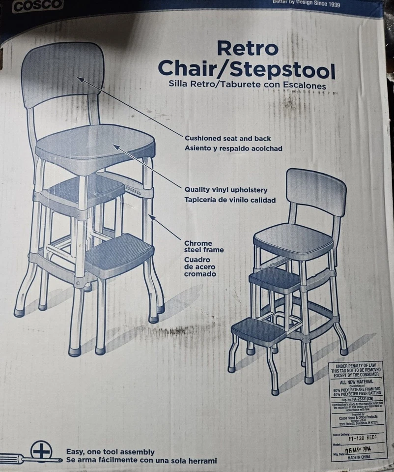 Cosco Retro Counter Chair/Step Stool Red w/Chrome Tubing New Factory Sealed - Image 4 of 4