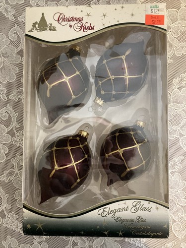 Christmas By Krebs 4 Glass Teardrop Ornaments Burgundy Gold Glitter In Box - Picture 4 of 5