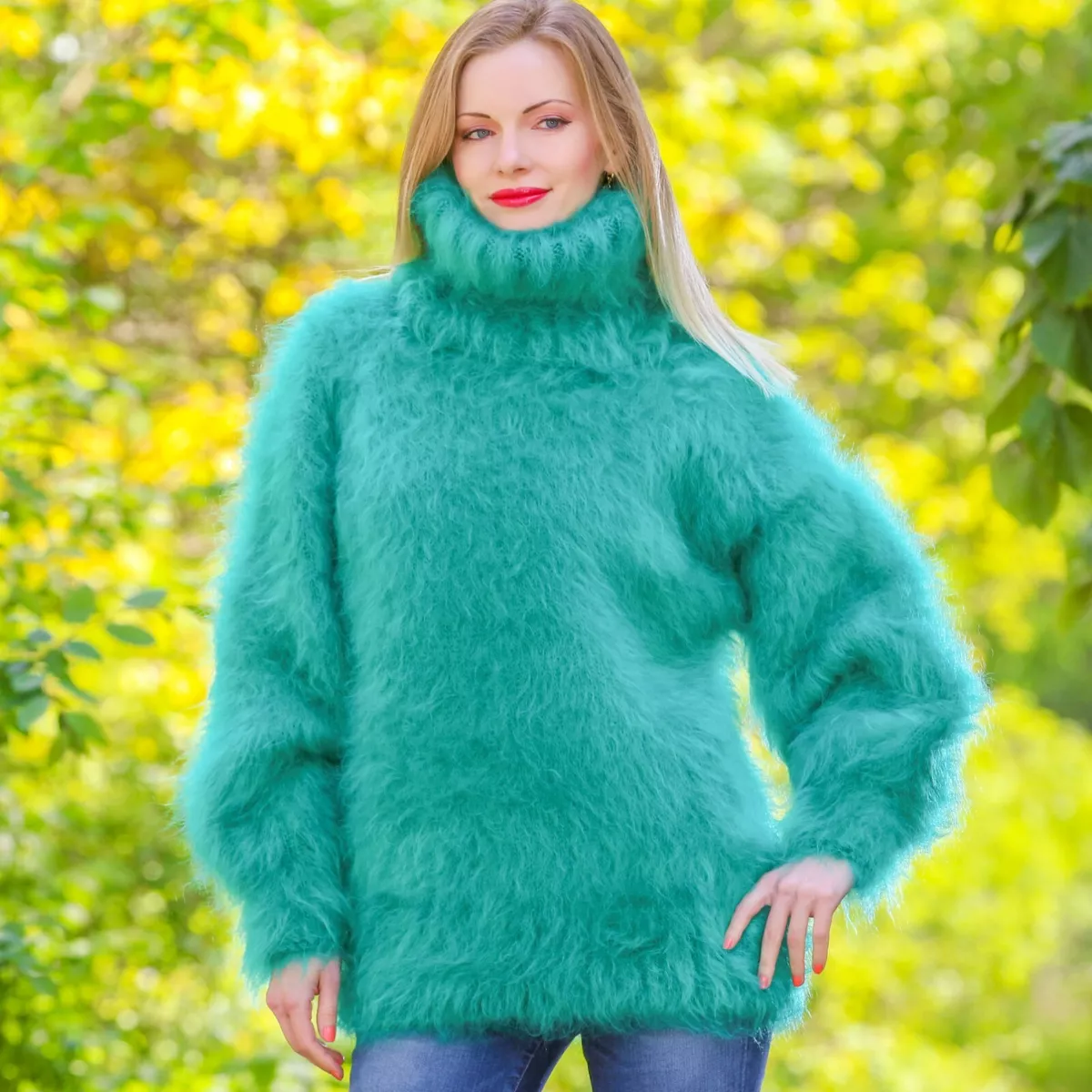 Green top fluffy jumper