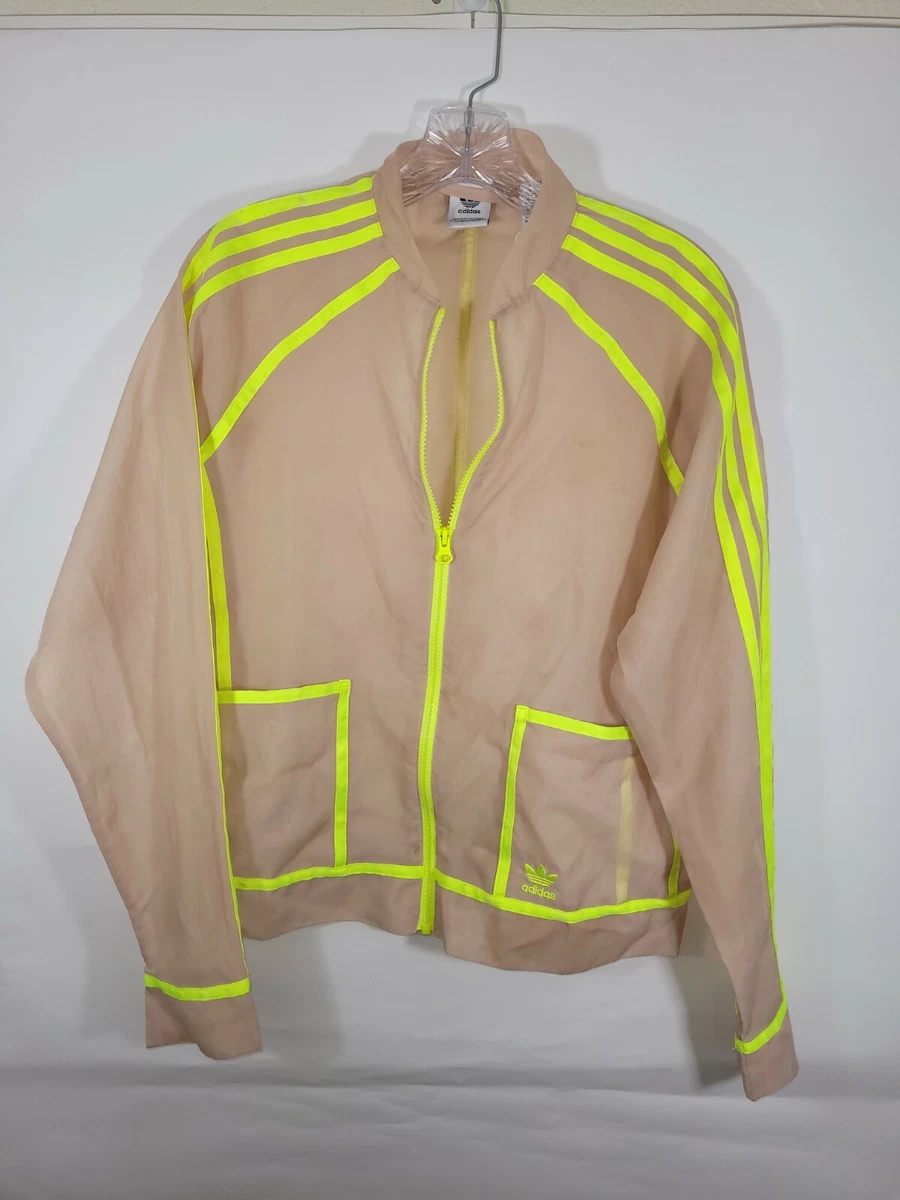 Adidas Size Small Tulle Mesh pale pink neon yellow stripes Track Jacket