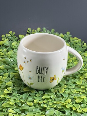 Rae Dunn Small Ivory W/Blk LL  BUSY BEE  W/Wildflowers & Bees   Mug Brand NEW