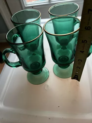 Set of 4 Vtg Libbey Juniper Green Gold Rim Footed Irish Coffee Cups/Mugs See Pic
