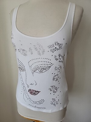Vintage Roccobarocco White Swarvoski Crystal Face Tank Top France 46 Large NEW