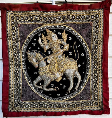 「カラガ（Kalaga）」刺繍ヴィンテージ・タペストリー Vintage Thai Burmese Kalaga Tapestry Embroidered Warrior Sequins