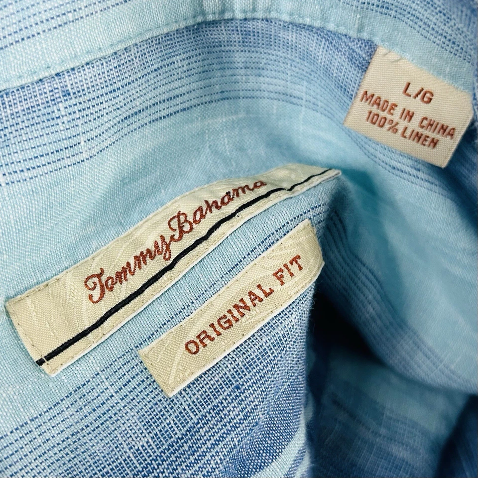 Tommy Bahama 100% Linen Large Original Fit Hawaiian Aloha Shirt Striped Blue - Image 3 of 4