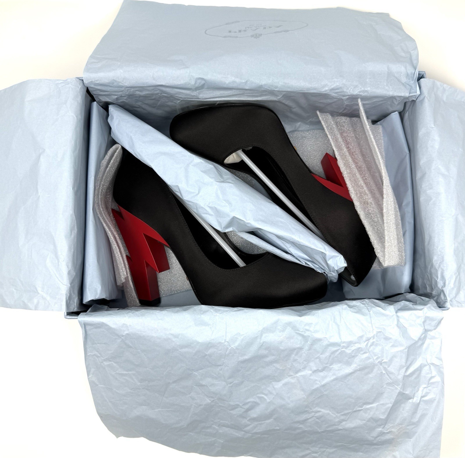 Prada Lighting Bolt Black Satin Pumps W Red Lighting-bolt Heel Size Eu 37 thumbnail 22