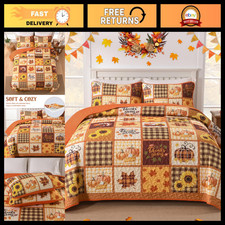 Thanksgiving Patchwork Quilt Set King - Autumn Pumpkin  Maple Leaves Bedding