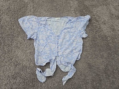 Lush Tie Front Blouse Womens M Blue Floral V-Neck Button Up Flutter Cropped