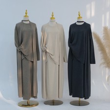 3PCS Elegant Muslim Women Knitted Sets Kimono Cardigan Tops Skirt Islam Clothing