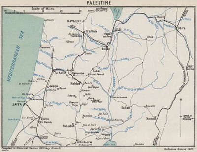 ERSTER WELTKRIEG. Palästina. Eisenbahnkommunikation. Jaffa Jerusalem 1937 Karte