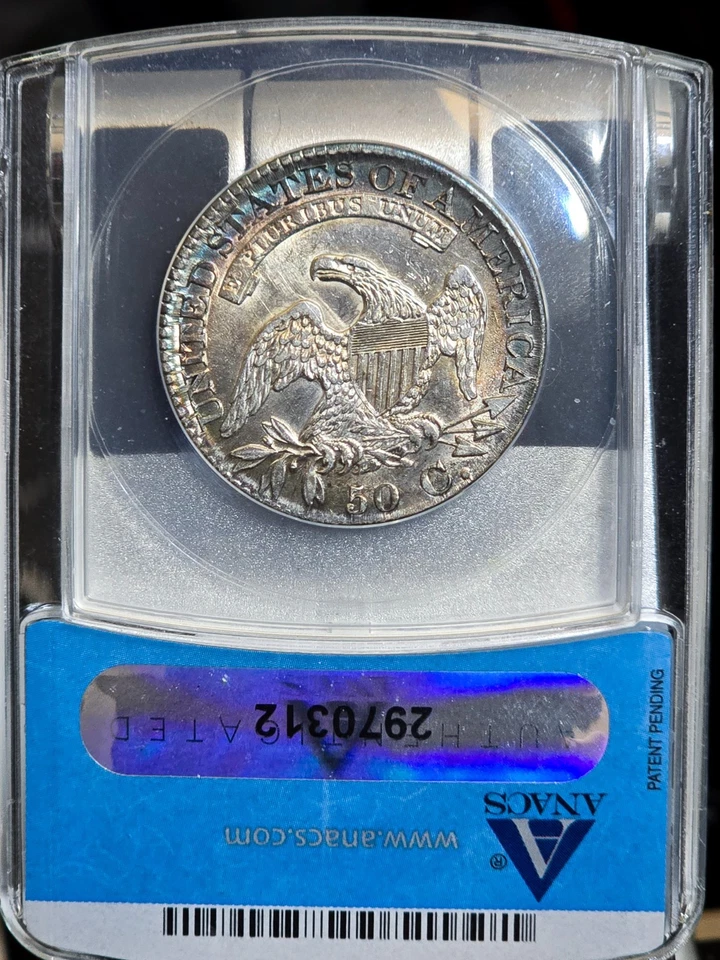 1827 Capped Bust Half Dollar ANACS AU50 Toned Silver Coin O-136 Square Base 2 R4 - Image 2 of 4